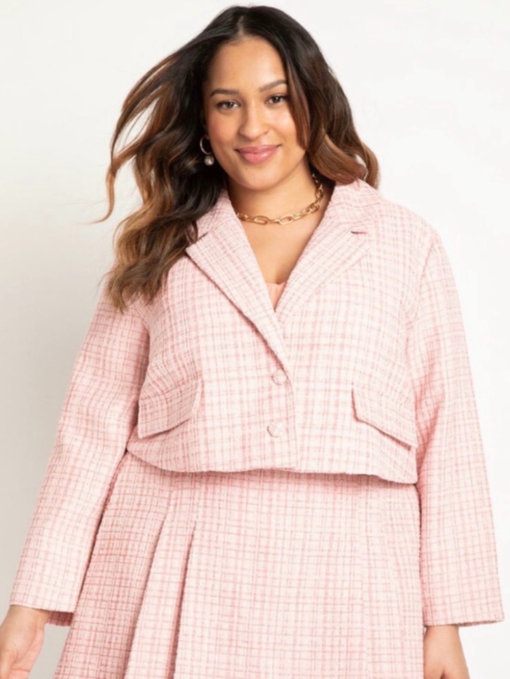 Pink ELOQUII tweed cropped blazer and matching skirt!